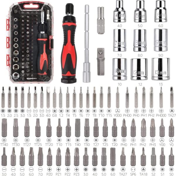 Amazon Basics 73-Piece Magnetic Ratcheting Wrench and Electronics Precision Screwdriver Set